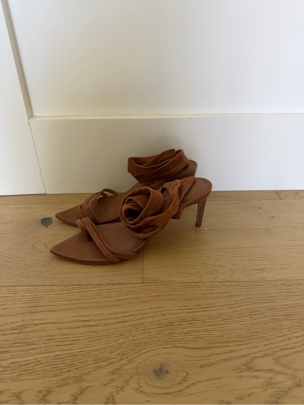 SCHUTZ Brown Suede Wrap-Heel Sandals